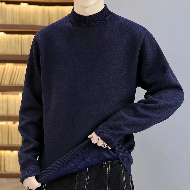 Fall Winter Solid Color Half Turtleneck Men Sweater Korean Fashion Thicken All-match Knitted Pullover Oversized Harajuku Top Tee