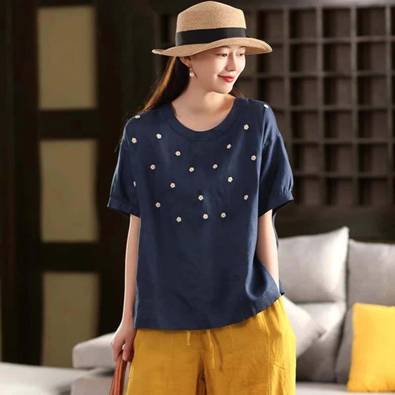 

100% Linen Women Casual T-shirts New Arrival 2025 Summer Vintage Style O-neck Embroidery Female Short Sleeve Tops Tees M1146