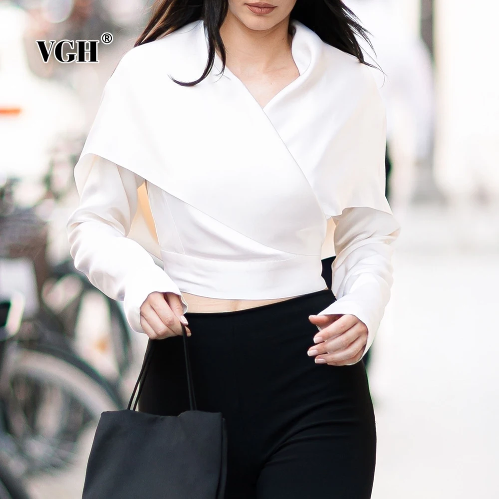 

VGH Slimming Designer Solid Folds Short Blouses For Women V Neck Long Sleeve Spring Party Temperament Shirts Female Fashion New