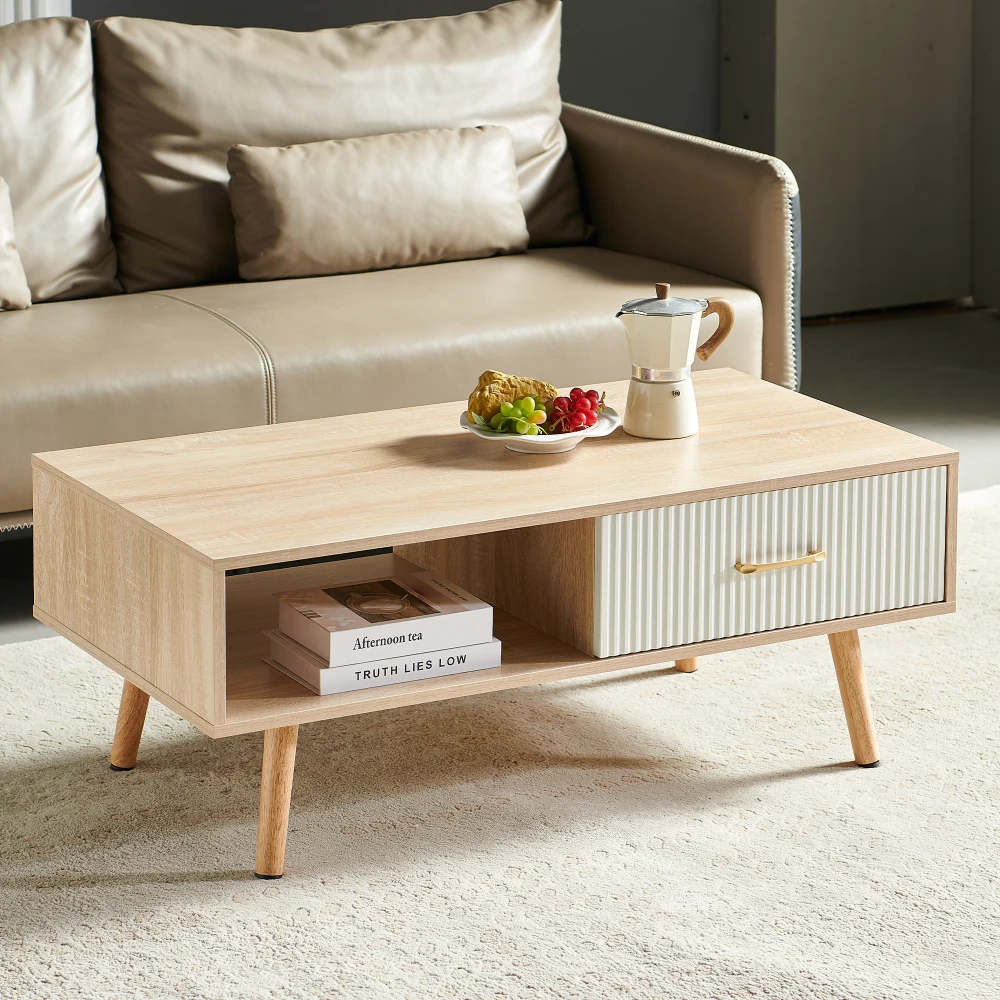 

Rectangle Coffee Table with Solid Wood Legs, Sliding Drawer for Storage, Modern Table for Living Room , Natural Wood Color