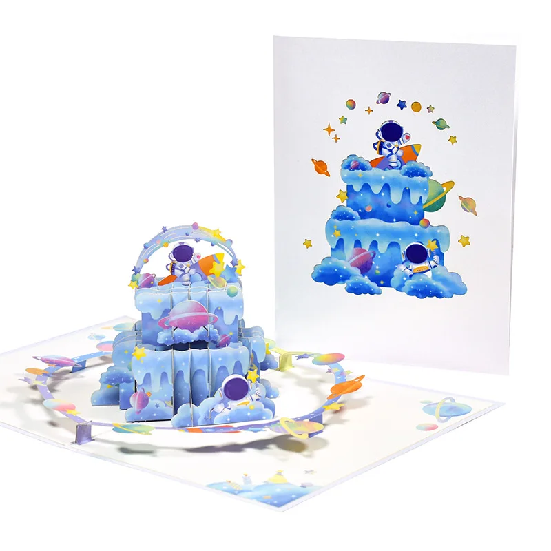 

Pop up creative personality trend 3D three-dimensional greeting card handmade Paper Cuttings space cake Happy birthday gift