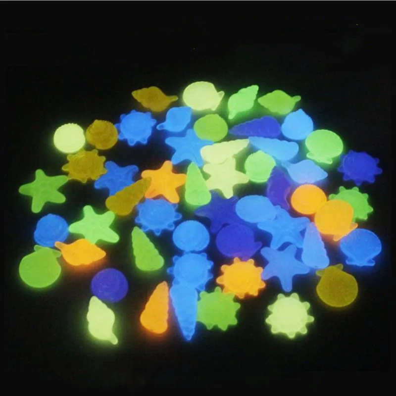 50pcs Luminous Stones Colorful Shells Starfish Conch Shaped Luminescent Stone Fluorescent Pebbles Fish Tank Aquarium Decorations