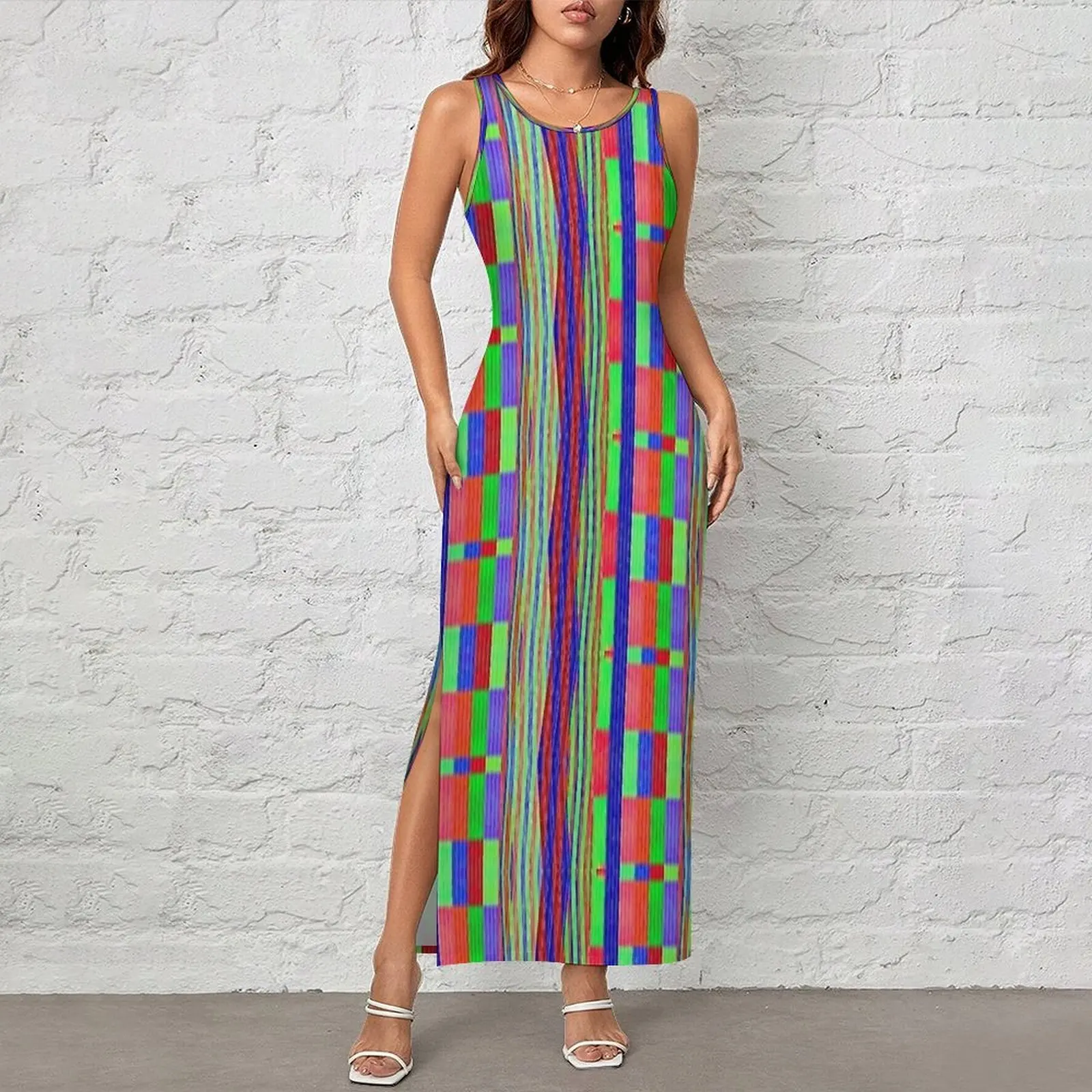Womens Bodycon Dress Cute Color Strip Glitch Print Maxi Dresses Summer Sleeveless Fashion Graphic Dress Large Size 3XL 4XL