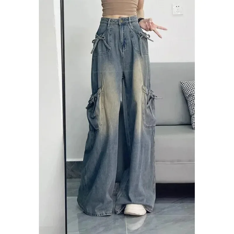 Vaqueros de mezclilla con lazo Retro americano para mujer primavera otoño nuevos pantalones de pierna ancha ajustados de cintura alta con múltiples bolsillos
