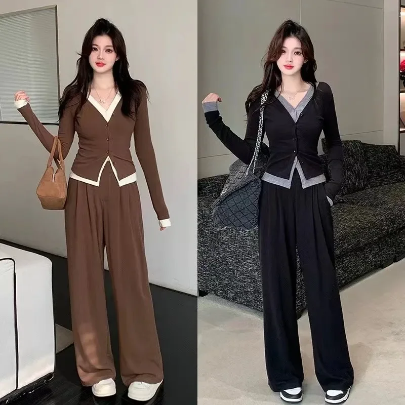 بالإضافة إلى حجم عارضة كسول نمط مجموعة المرأة الخريف سترة مفتوحة أعلى بالإضافة إلى حجم عالية الخصر بنطال ذو قصة أرجل واسعة قطعتين مجموعة