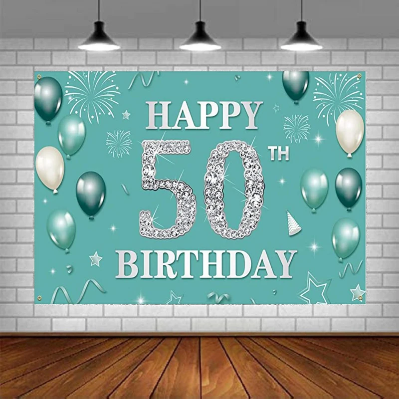 

Happy 50th Birthday Party Photography Backdrop Banner Decoration Background Teal Silver Balloon For Women Turquoise Supplies