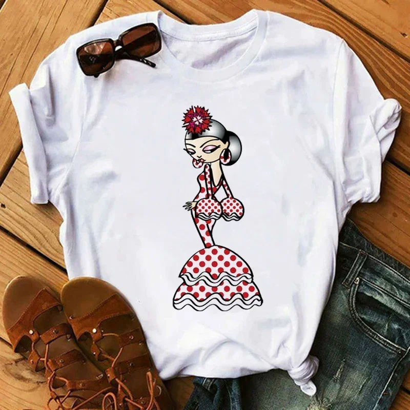 Maglietta da donna Flamengo Dance Cartoon Girl Camicie stampate Moda O-Collo Femme Magliette Cute Tops Tees Donna Abiti estetici