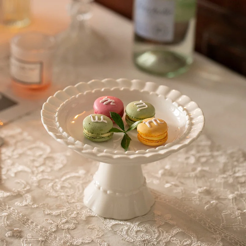 

French Retro Ceramic Medieval High-foot Plate, Cosmetic Jewelry Storage Tray , Decorative Cake, Dessert, Fruit Plate,