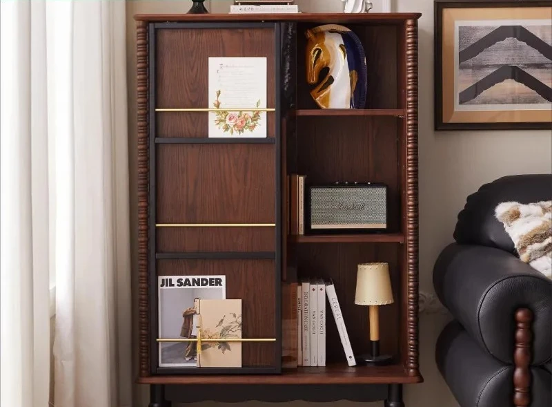 French Style Solid Wood Bookcase with Glass Door Vintage Display Cabinet for Living Room Wall Mounted Storage Shelf Anti Tip
