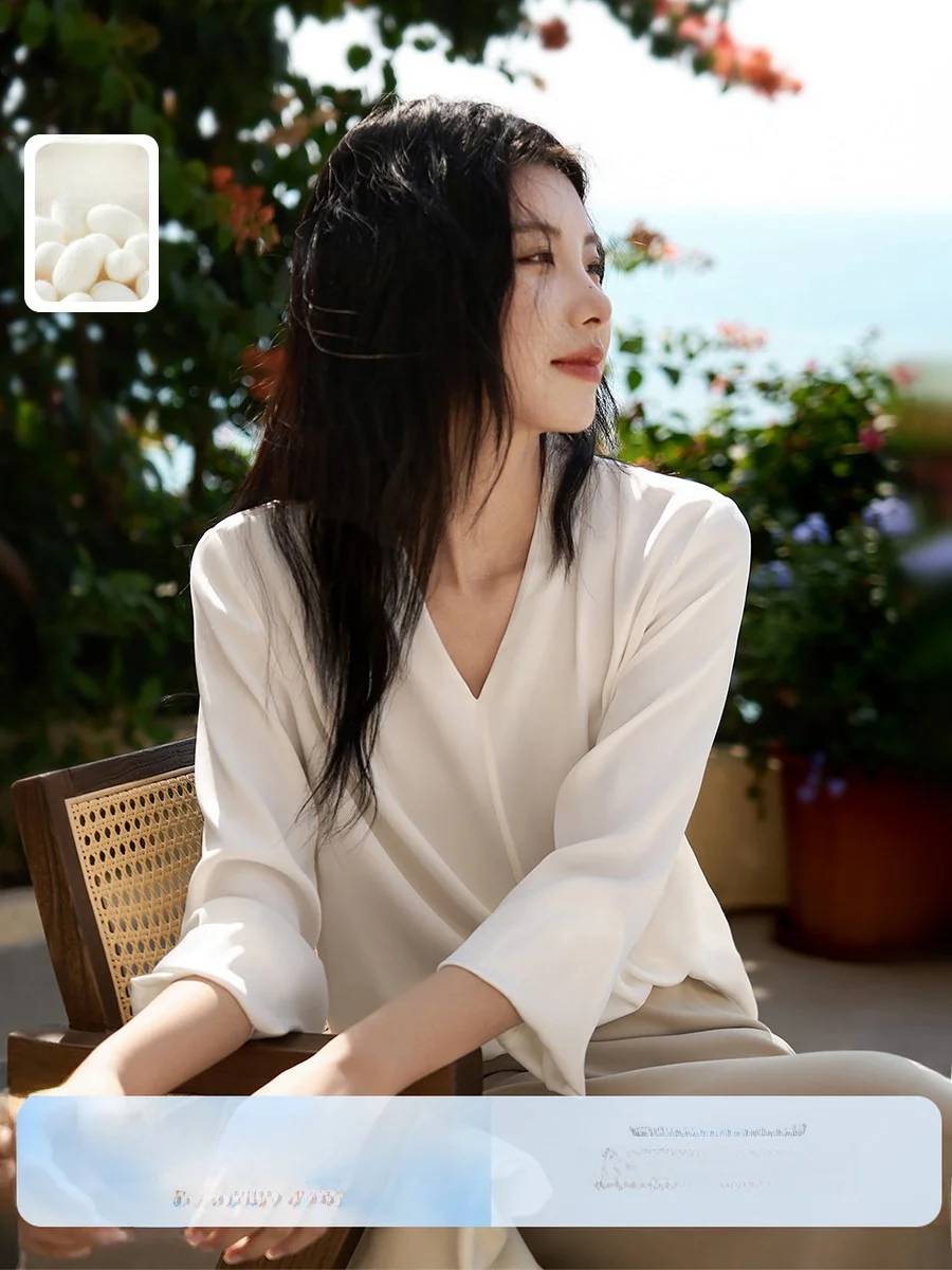 

Элегантная шелковая рубашка с V-образным вырезом для женщин, весенний стиль, с длинным рукавом, комфортная, дышащая, из шелка 22 момми, головной убор из шелка