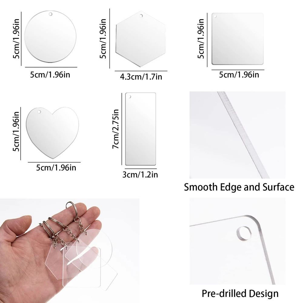 100pcs Clear Acrylic Keychain Blanks Transparent Acrylic Rectangle Square Circle Heart Hexagon Shaped Blanks for DIY Crafts