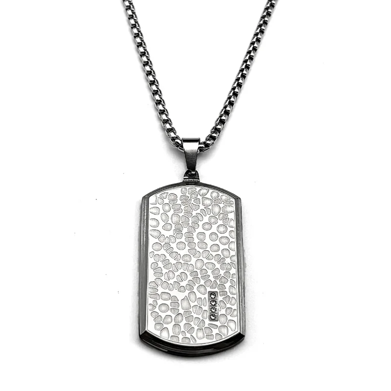 Retro Stainless Steel Irregular Pattern Dog Tag Pendant Necklace for Men Black Silver Color Hip Hop Chain Rhinestones Jewelry
