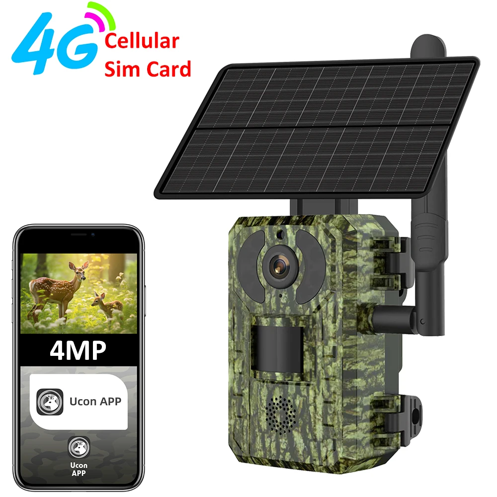 Caméra de chasse à vision nocturne solaire 4G cellulaire 4MP 2K avec détection de mouvement PIR, étanche IP65, sans exposition rouge, pour extérieur