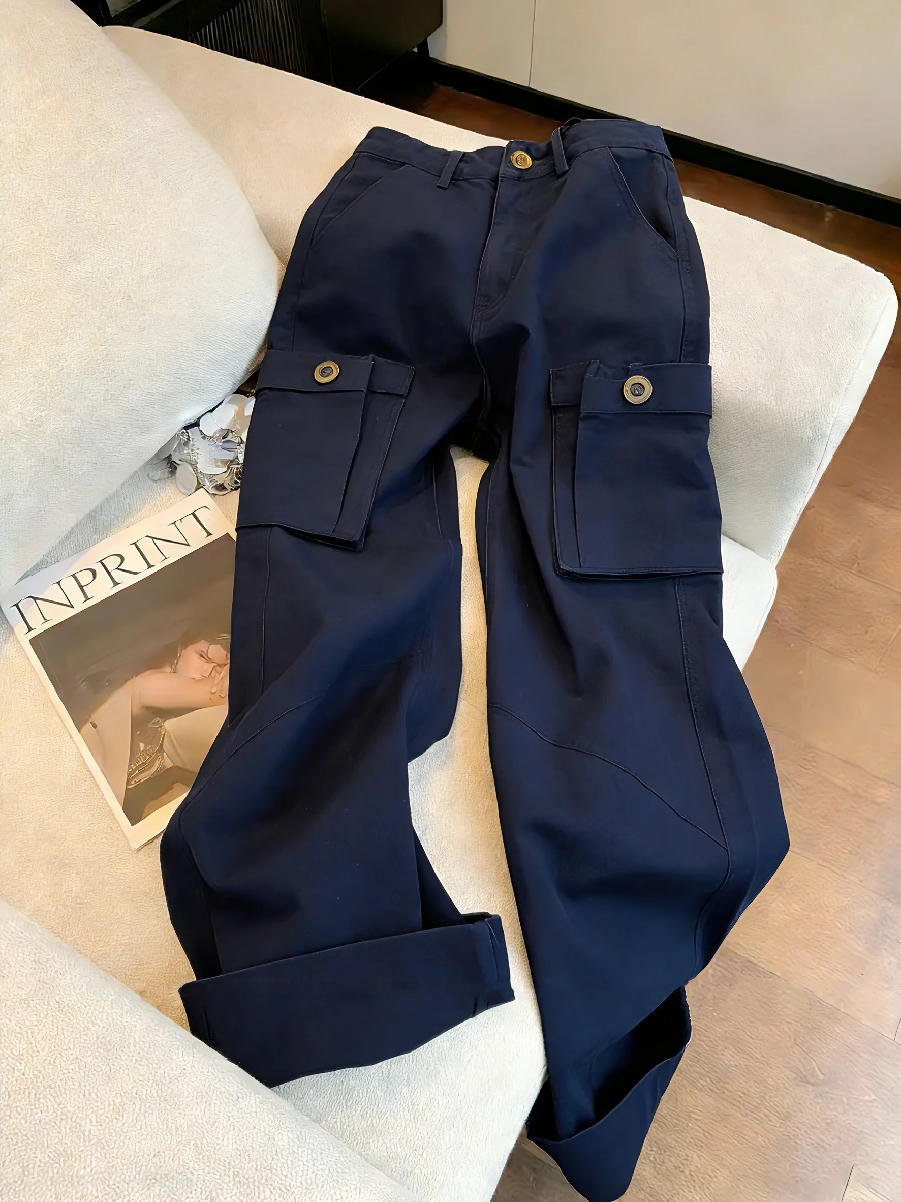 

American High Street Retro Design Multi-ket Workwear Casual Pants Women's Spring Autumn Trendy Loose Straight Leg Trousers