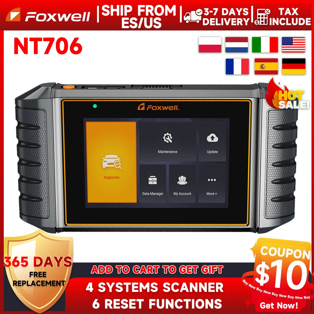 

Foxwell NT706 4 System Full OBD2 Automotive Diagnostic Tool obd2 Scanner ABS SRS Engine AT Scan Tool Battery Test Free Update