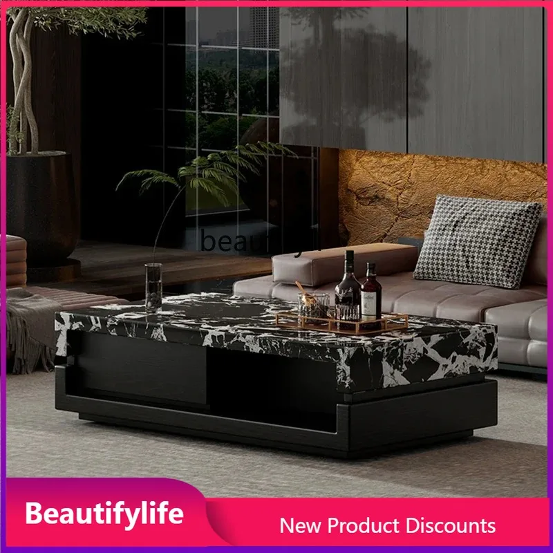 A163 بلغاري طاولة قهوة حجرية فاخرة من الرخام الأسود لغرفة المعيشة جديدة من خشب الجوز الخفيف الفاخر ذو الإحساس العالي