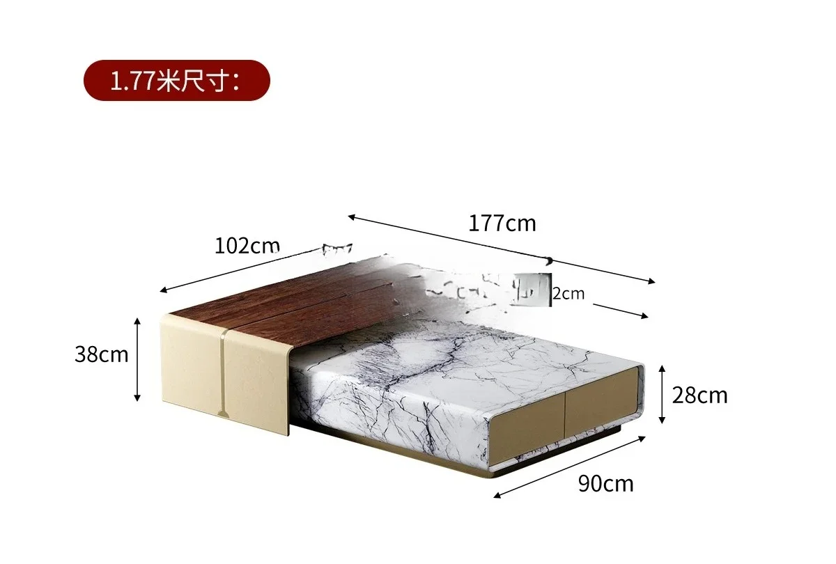 Coffee table, villa large flat living room household coffee table, retractable double-layer coffee table combination