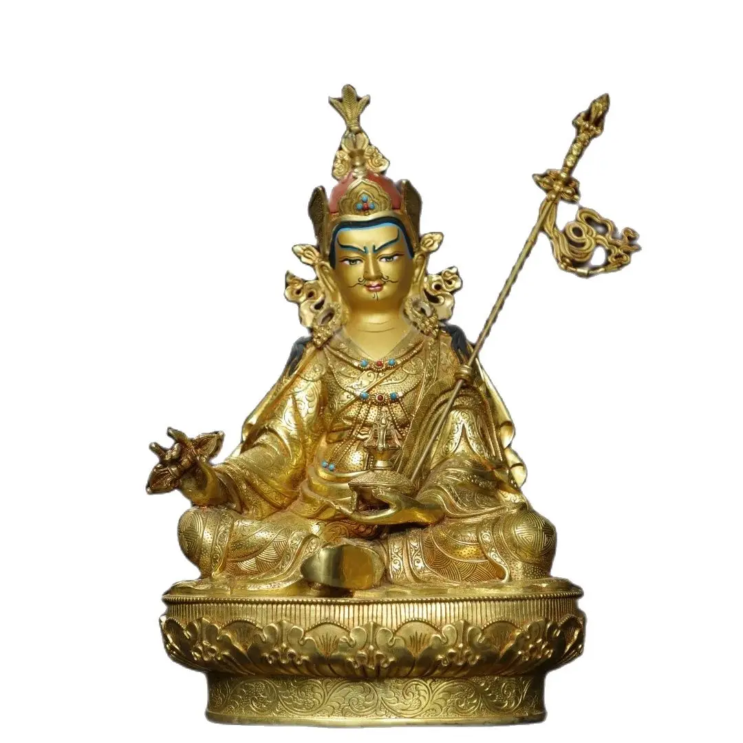 Home worship of religious copper gilded painted Padmasambhava Buddha statue Size: Height 32cm, Width 20cm, Thickness 13cm, Weigh