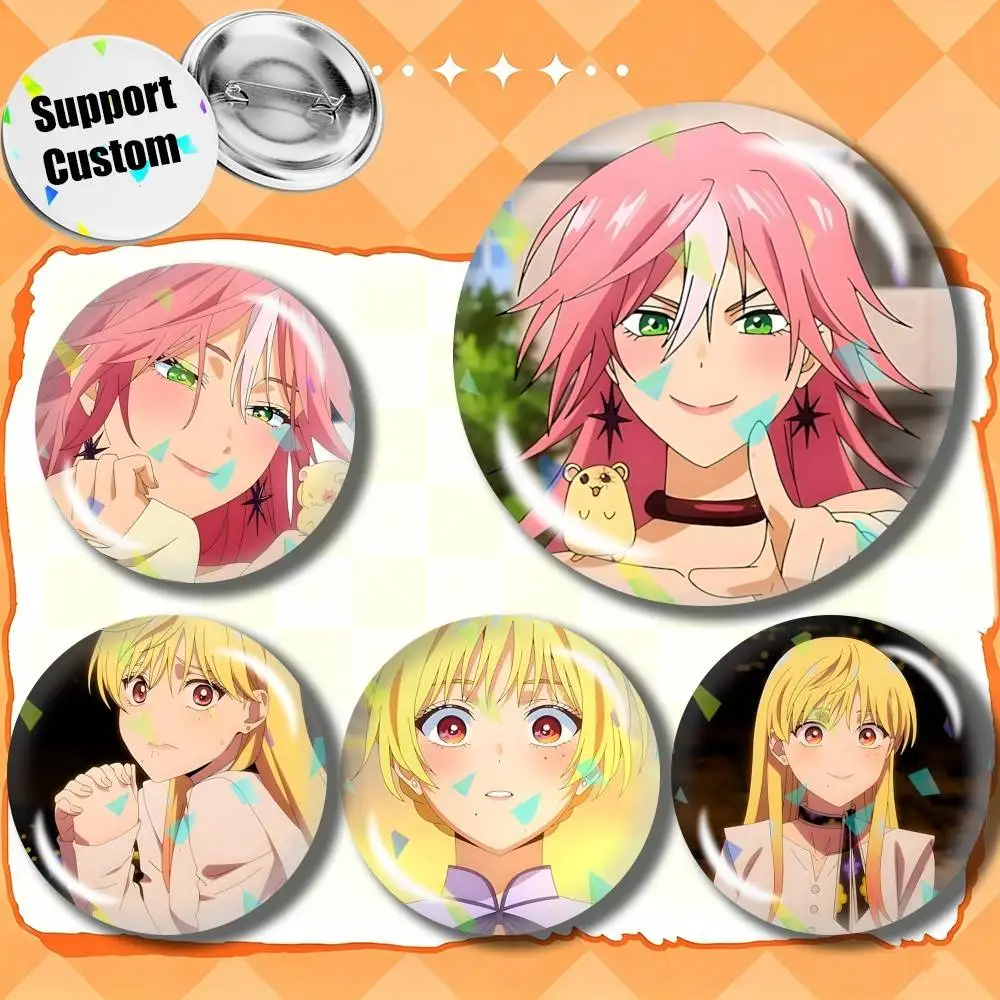 Marriage Toxin Anime Kimie X Mei Customizable Round Brooch Pins, Personalized Badges With Broken Glass Design Fashion Accessory