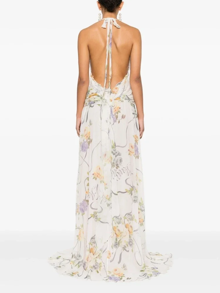 Gaun Panjang Kerut Cetak Leher V Dalam Halter Seksi Gaun Berenda Terbungkus Bunga Punggung Terbuka Tanpa Lengan Wanita Gaun Pesta Malam