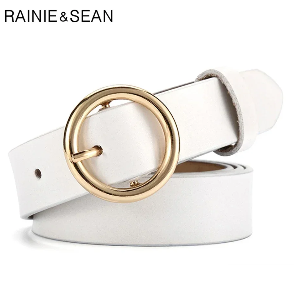 

Women White Belt Round Golden Buckle Real Leather Pin Belt Ladies Genuine Leather Fashion Female Belts for Jeans New Design