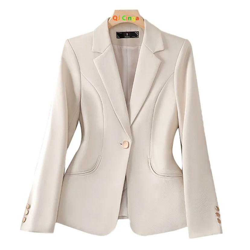 2026 Spring New Arrival Women's Apricot Long-Sleeve Blazer Jacket, Fashionable Slim-Fit Outerwear, Available in Black or Khaki.