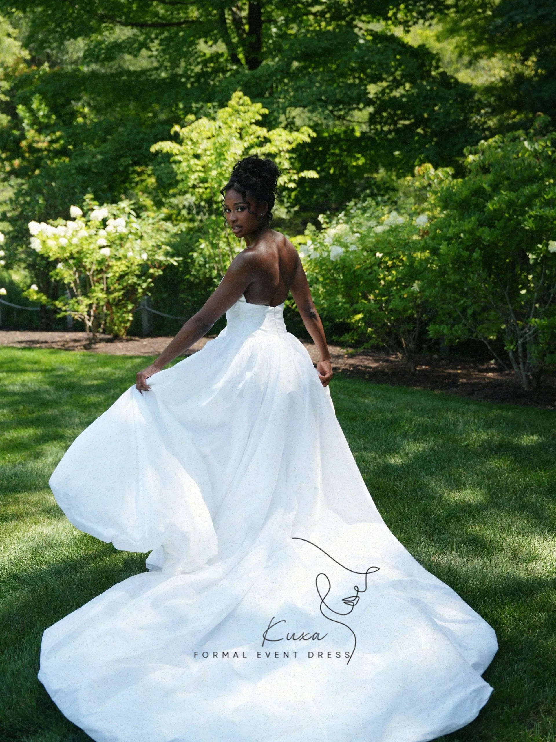 KUXA Customized Elegant Strapless Sweetheart Wedding Gown Draped Fitted Bodice Flowy A‑Line Long Chapel Train Wedding D