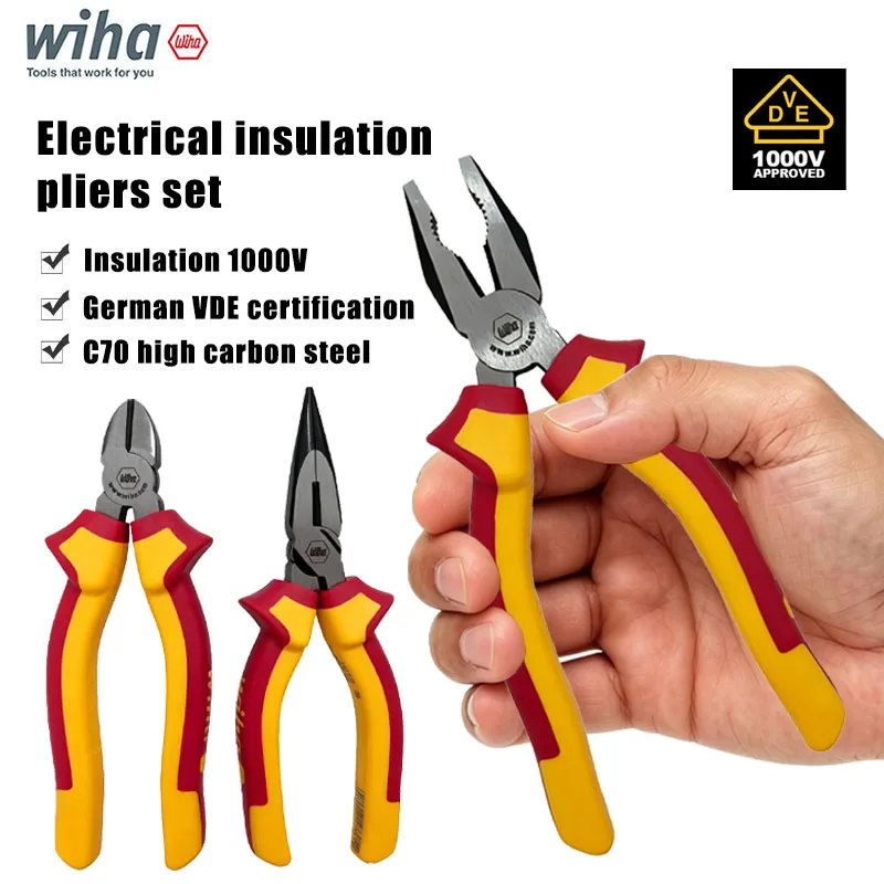 Wiha 3-piece set of insulated pliers, professional electrical tools, wire pliers, pointed pliers, diagonal pliers 47289