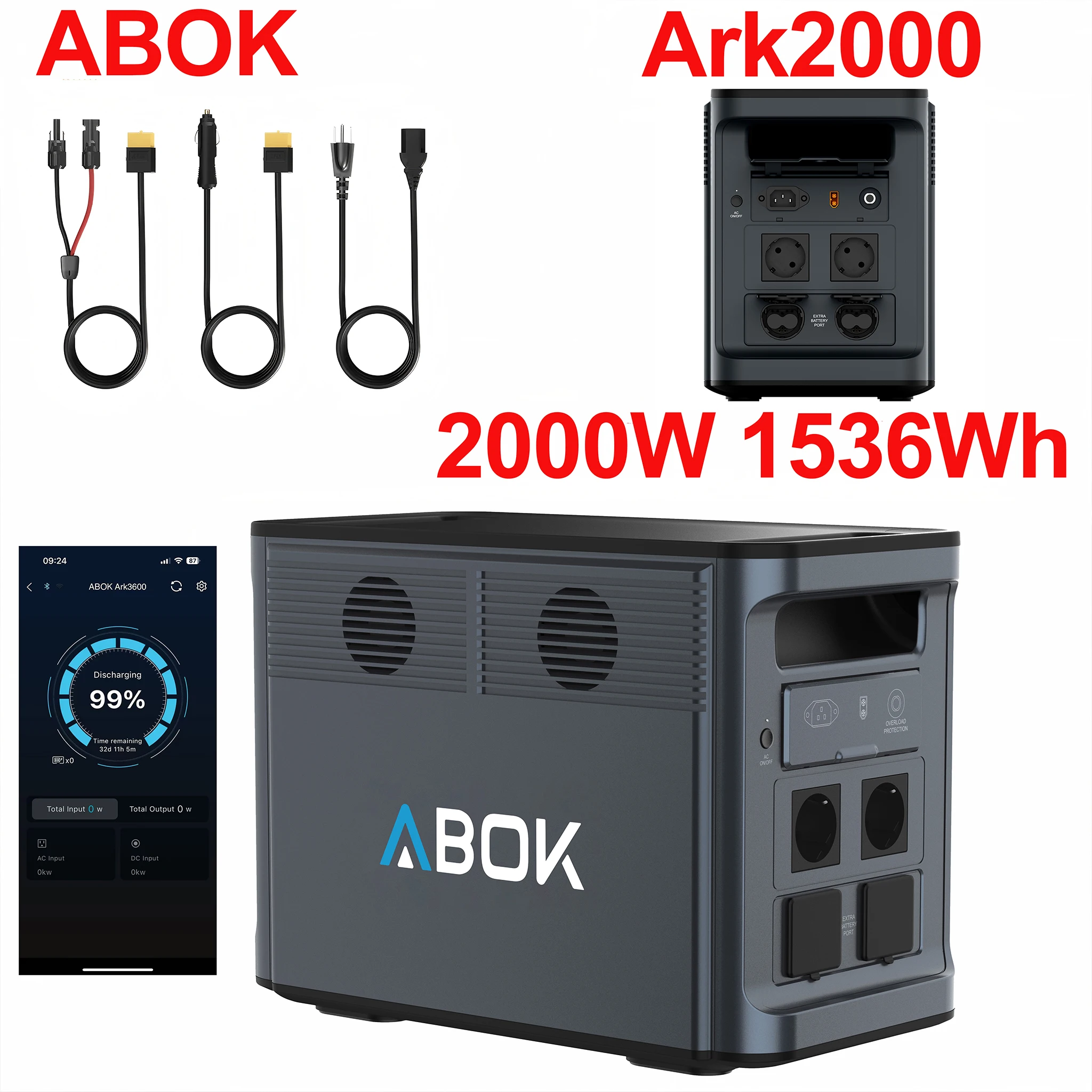 Station d'alimentation portable ABOK Ark2000 – Batterie LiFePO4 1536Wh, Powerbank LiFePO4 2000W à sortie AC à onde sinusoïdale pure, durée de vie de 4000 cycles pour la maison, la sauvegarde, le camping en extérieur