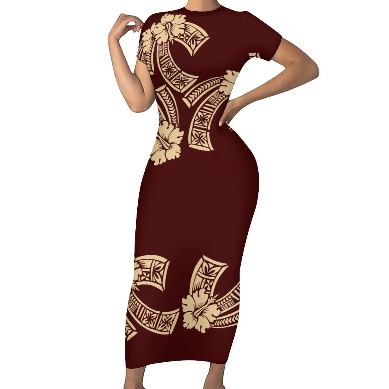 

Summer sexy slim-fit Long dress Crewneck Elegant banquet dress Soft fabric Polynesian women's dress custom floral print