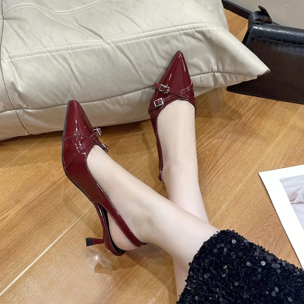 Modische Spitze Pumps mit Flachem Ausschnitt Neue Hochhackige Schuhe Sommer Elegante Stiletto-Schuhe mit Schnallendekoration Schwarze Damenschuhe – Detail 6