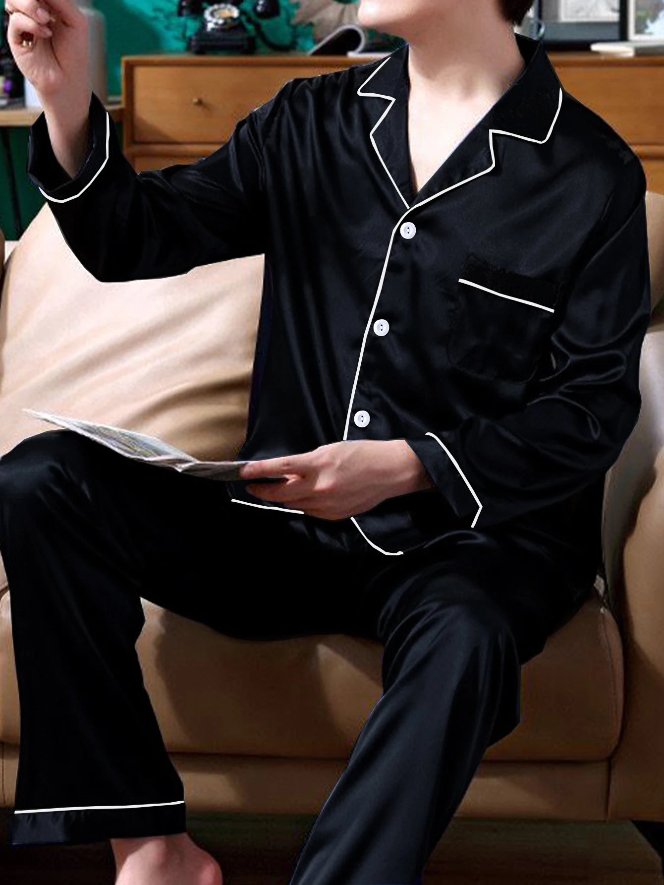 Two piece sets men\'s pajamas autumn and winter silk satin long sleeved pants casual simple solid color sleepwear set