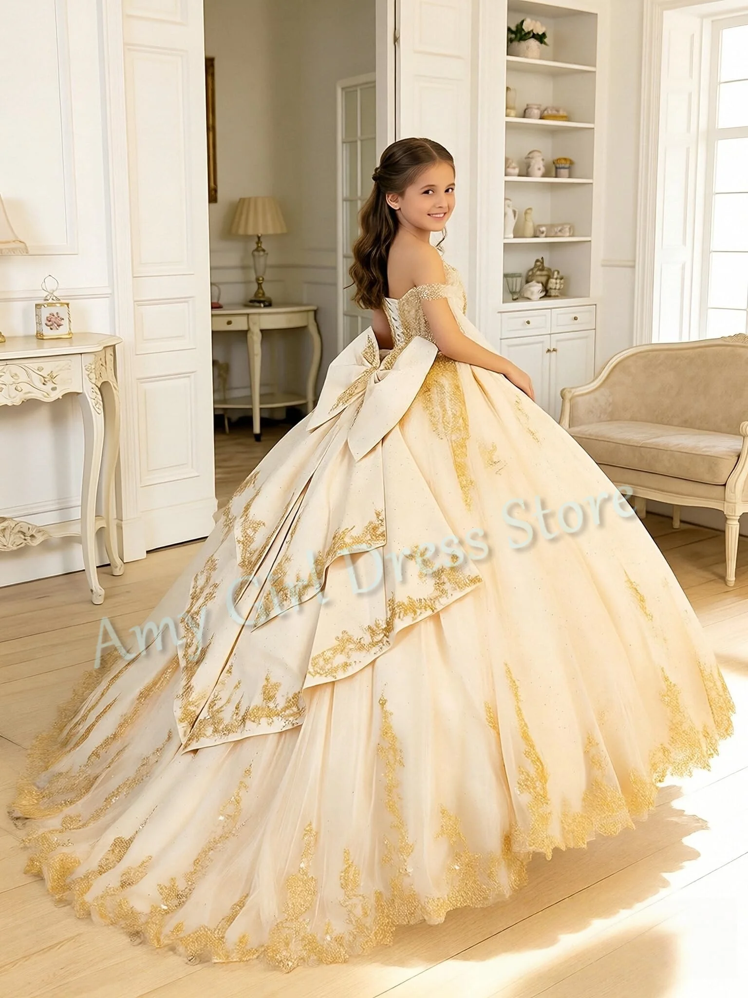 Gorgeous Flower Girl Dress For Wedding Floor Length Gold Appliques Sequins Bridesmaid Quinceanera Birthday Ball Gown Customized