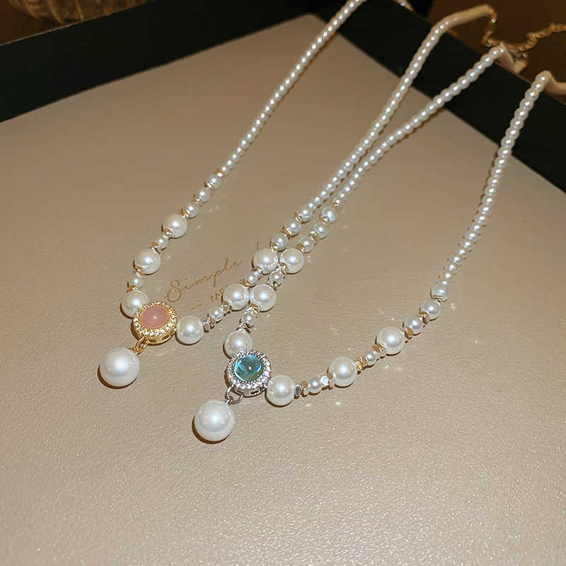 

French Pearl Zircon Necklace Women 2024 Clavicle Necklaces Clavicle Bridal Wedding Dress Evening Dress Pendant Jewelry Gift