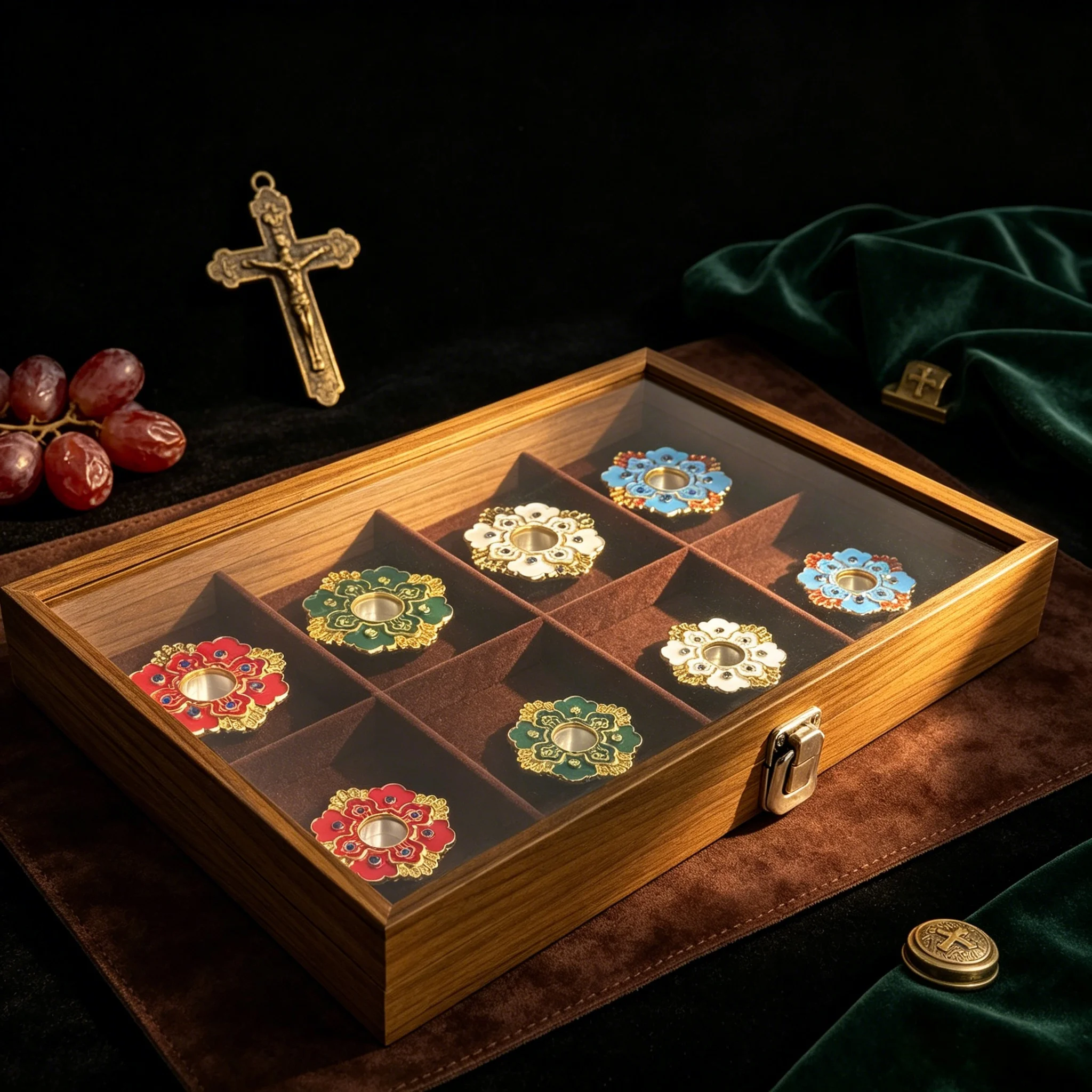 Orthodox Religious Gift Set Enamel Vigil Lamp Float Holders in Luxury Wooden Box Byzantine Home Altar Church Decor Christian Gif