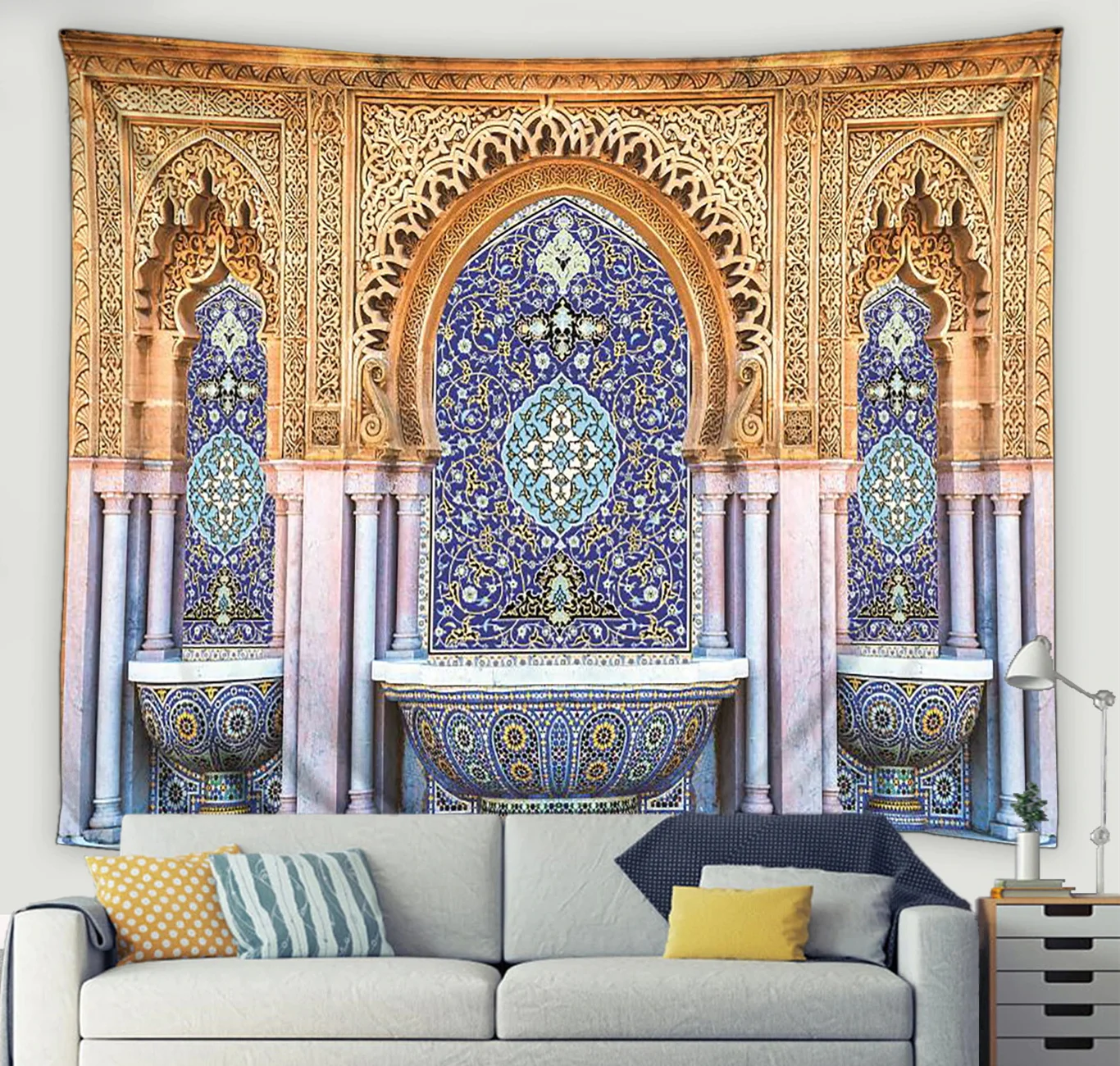 3D Moroccan Art Architectural Tapestry Islamic Retro Geometric Pattern Wall Hanging Living Room Bedroom Home Wall Decor Blanket