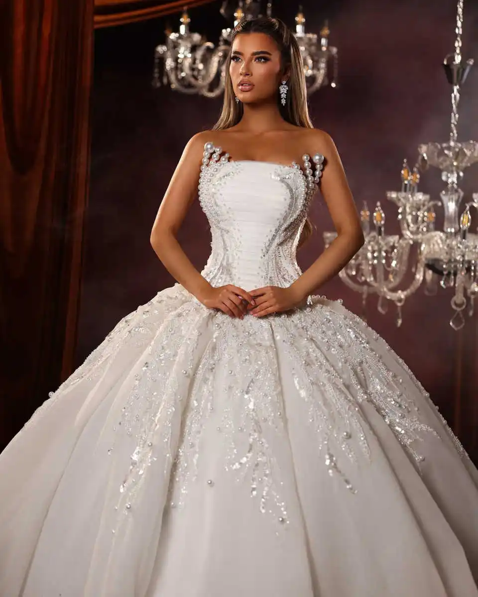 Luxuoso vestido de casamento sem alças vestido de baile elegante lantejoulas renda vestido de noiva personalizado sem mangas vestidos de novia