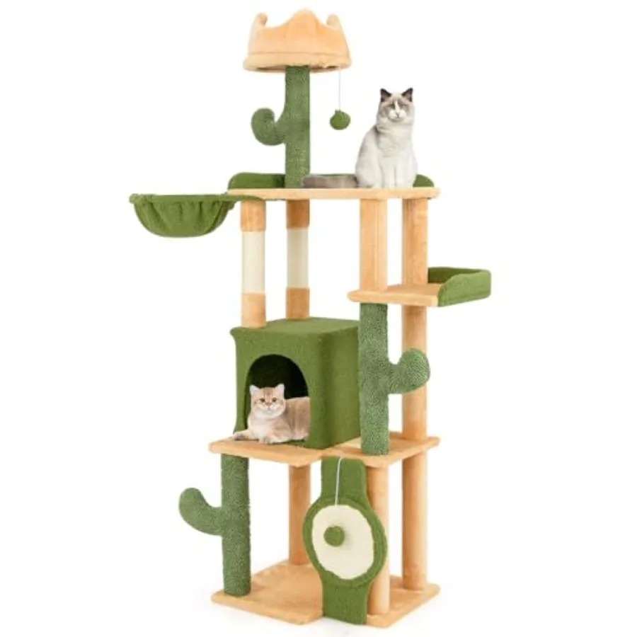 

Cactus Cat Tree 63 Inch Multi-Level Tall Cat Tower with Sisal Scratching Posts Board Condo Padded Perch Hanging Toys Basket Bed