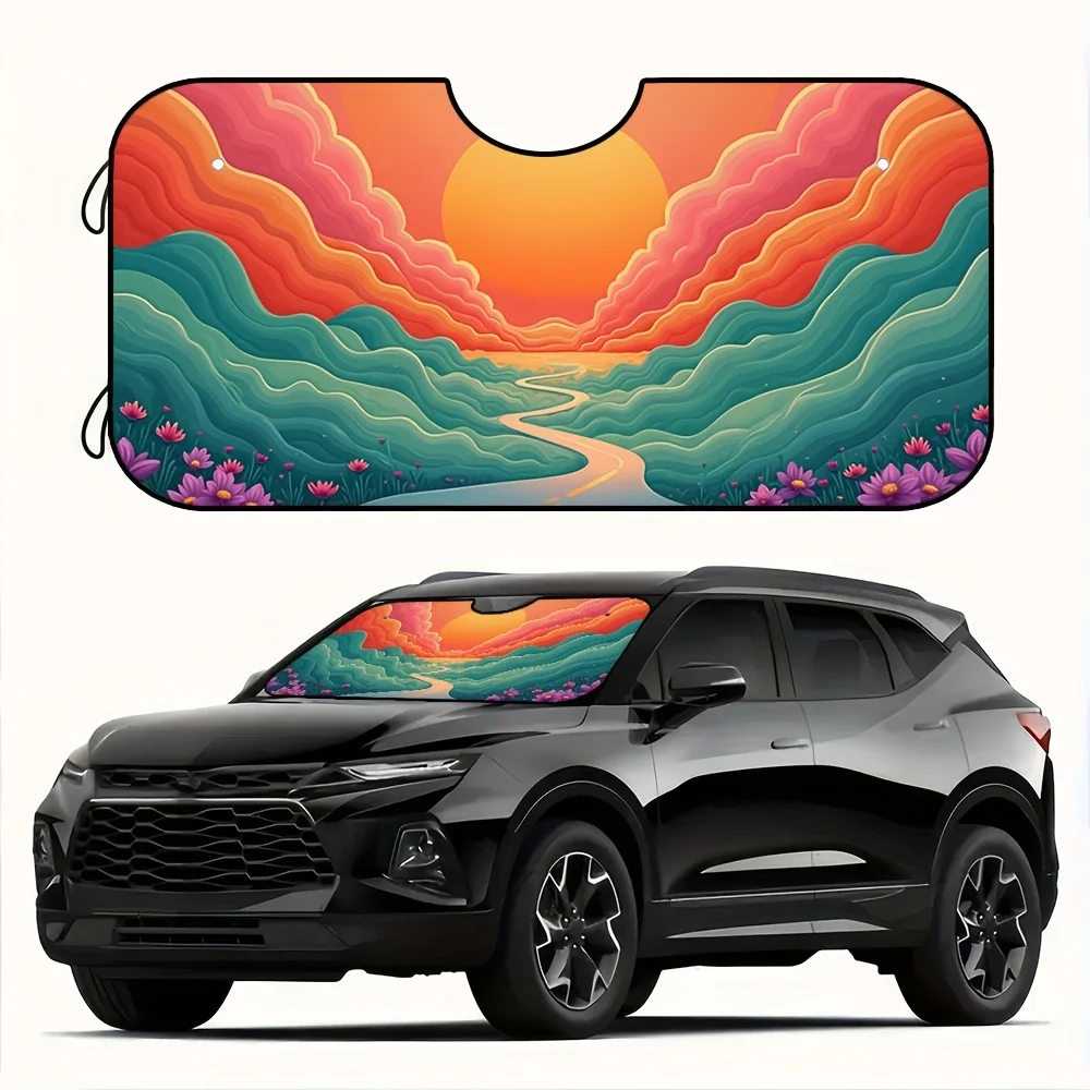 

1pc Psychedelic Landscape Windshield Sun Shade - UV Blocker, Retractable Car Front Window Visor For SUVs, Trucks & Vehicles, Vib