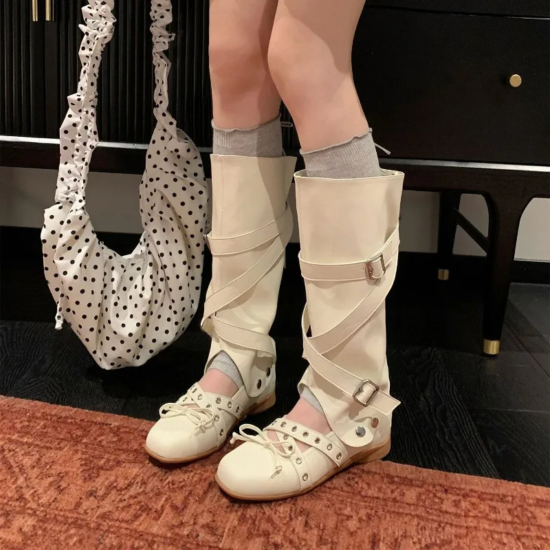 

Detachable and reversible flat ballet summer boots 2026 Hollow out belt buckle knee-high boots Women's High Top Casual Sneakers
