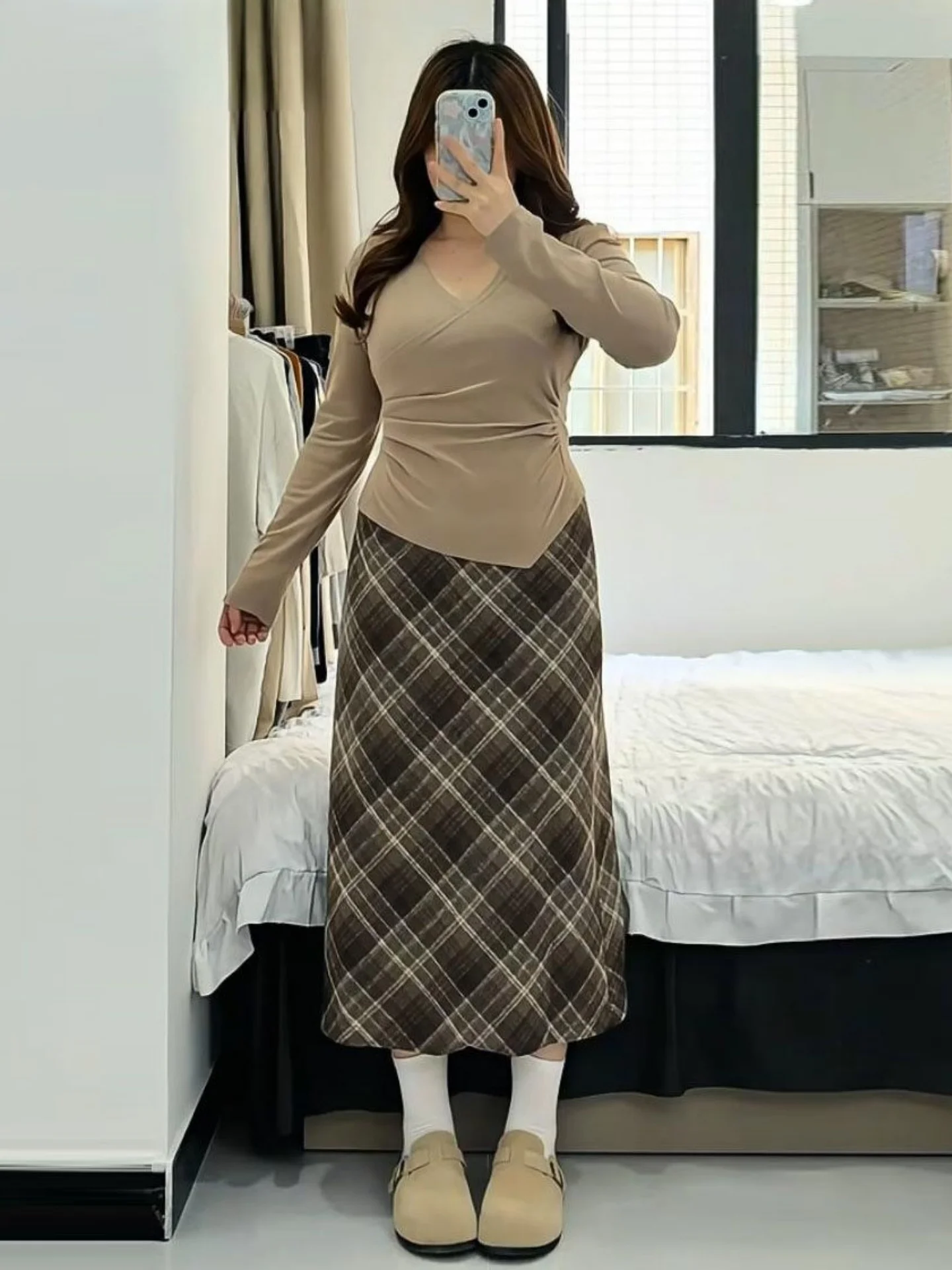 Slimming High Waist A-Line  Skirt for Women Korean Style Vintage Plaid Woolen Skirts Autumn Fashionable Elegant Youthful