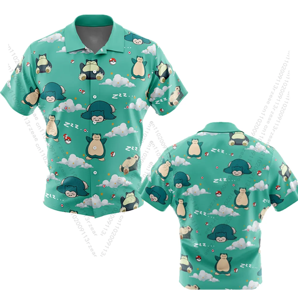 인기 애니메이션 포켓몬 Snorlax 패턴 하와이 비치 셔츠 남성용 Y2K 코스프레 하라주쿠 프린트 키즈 패션 캐주얼 트렌드 셔츠 탑