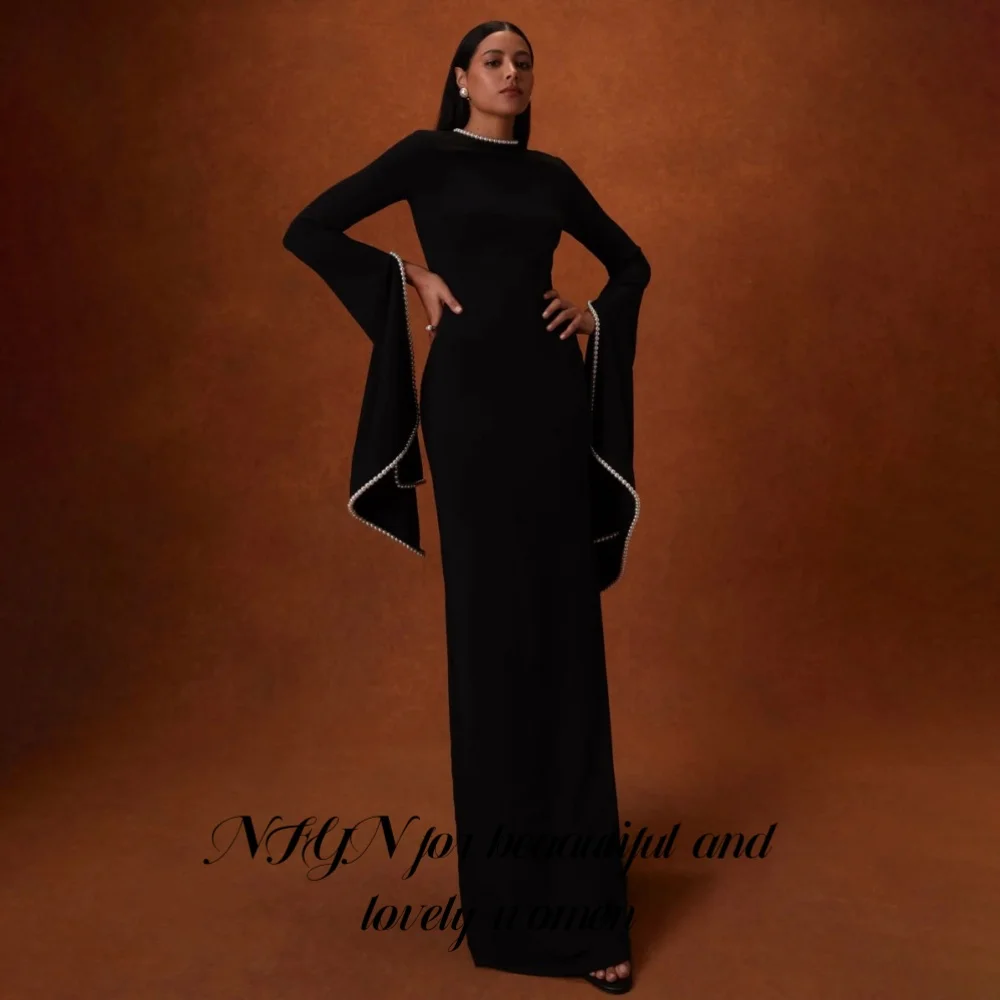 NFYN Arabia Fuchsia Evening Dress Sheer Neck Long Sleeves Satin Party Dress Ruched Formal Prom Dress Robes De Soirée Customized