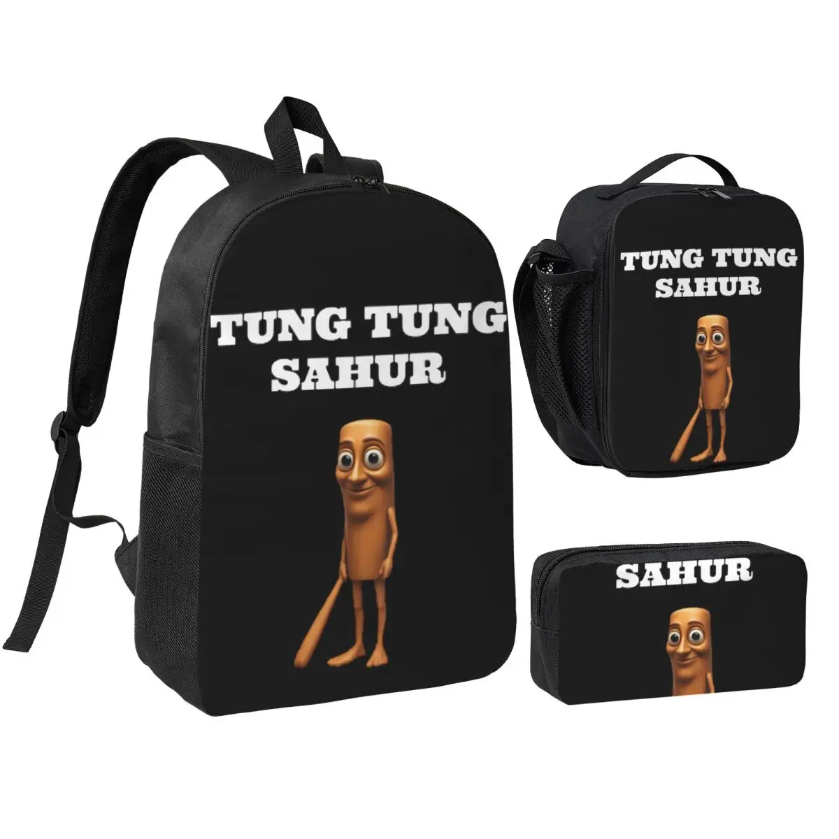 

Tung Tung Tung Sahur 3pecs/компл. рюкзак для студентов, итальянский Brainrot Meme, школьные холщовые сумки, сумка для обеда, пенал