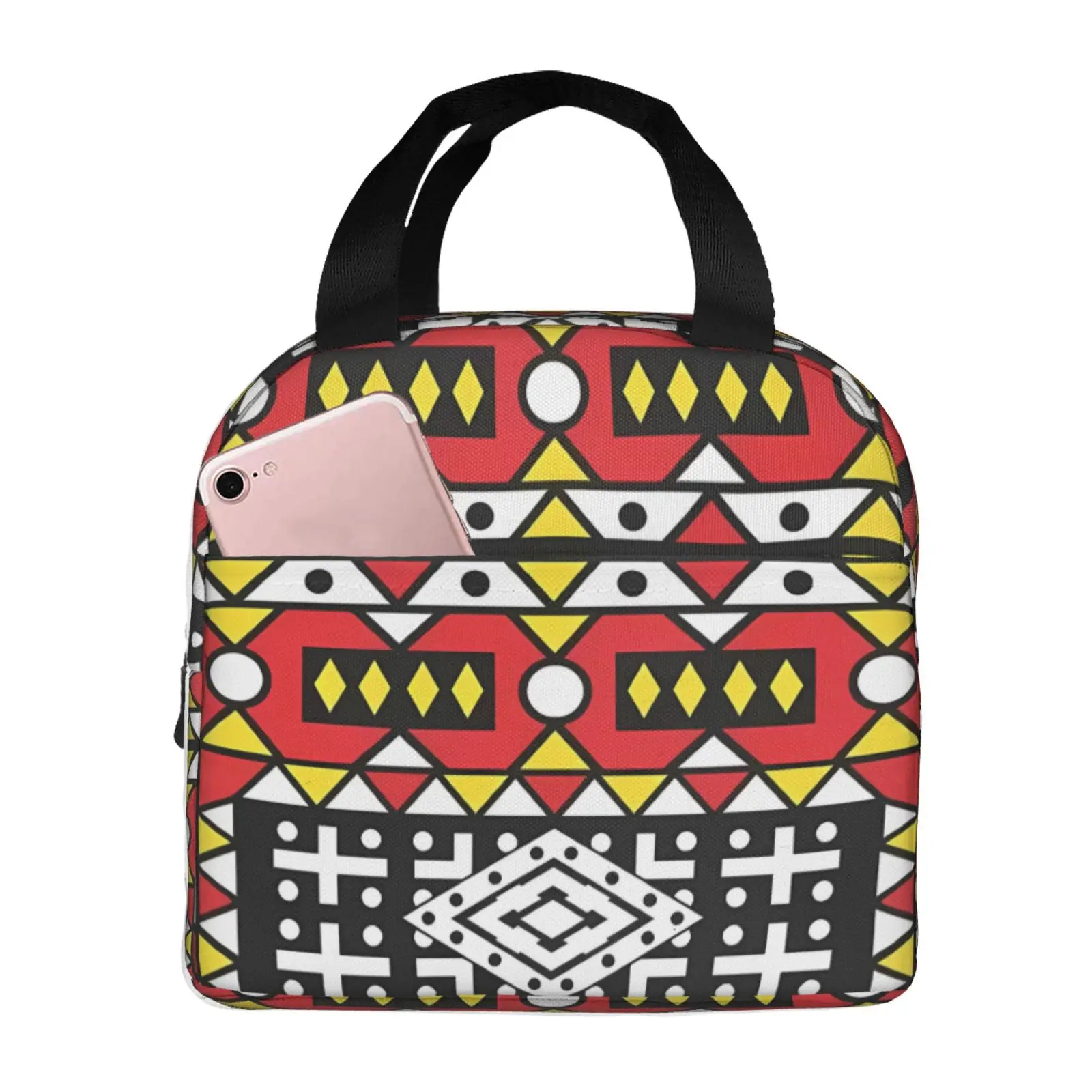 African Ethnic Geometric Colorful Pattern Lunch Tote Bag Insulated Leakproof Lunch Box Container with Front Pocket for Girls Boy