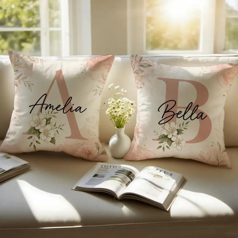 Blush Bloom Initials Cushion Cover Plush Fabric Soft Double Sided Print Home Sofa High Quality Cushion