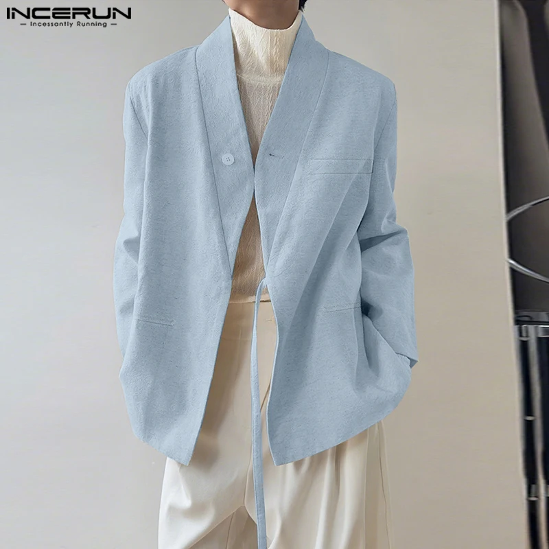 

INCERUN Men Blazer Solid Color V Neck Long Sleeve Casual Male Suit Streetwear Lace Up Loose Fashion Blazer Thin Coats Men S-5XL