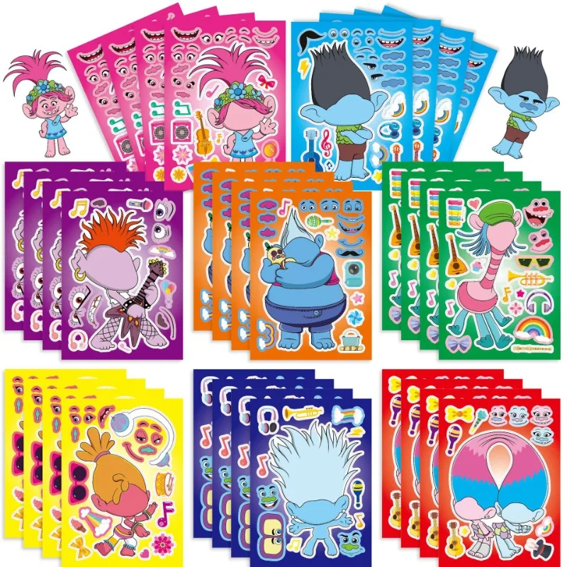 Trolls Puzzle Stickers 16PCS Cartoon Anime DIY Parent-child Interaction Educational Stickers Children\'s Toys Kids Birthday Gifts