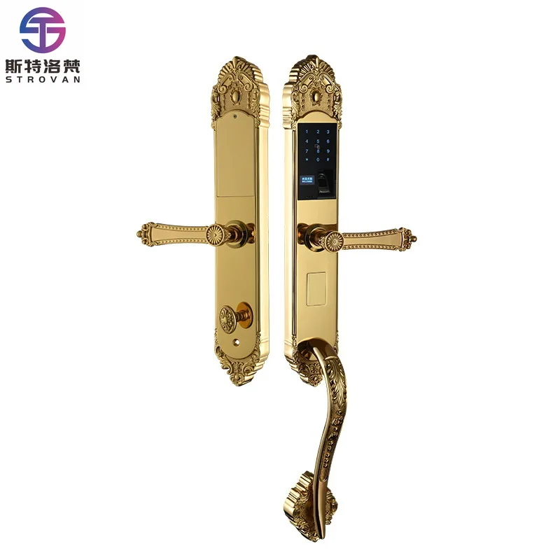 Solid Forged Pure Copper Fingerprint Smart Door Lock Luxury Vintage Antique Brass Handle Wood Door  Aluminum Alloy