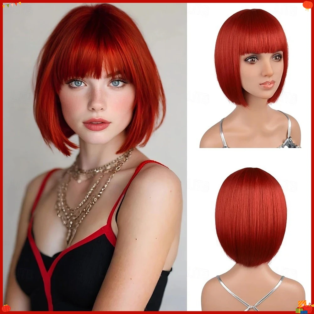 Synthetic Bob Wig Red Straight Short Hair with Bangs Heat Resistant Fiber 12 Inch Daily Anime Cosplay Party Costume